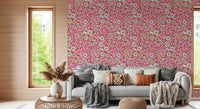 Window-side lounge warmed by this rose clay folk botanical wallpaper backdrop, GD8554