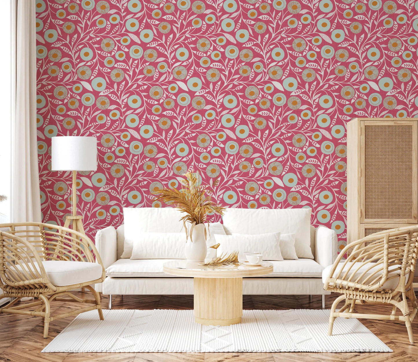 Sunlit sofa area styled in Rose Clay craft botanical wallpaper with folk florals, GD8554