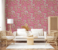 Sunlit sofa area styled in Rose Clay craft botanical wallpaper with folk florals, GD8554