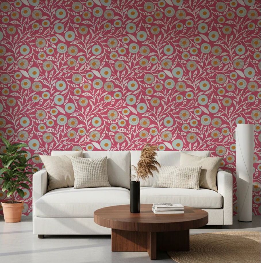 Living room brightened by Cozy Scandi Folk Floral Rose Clay Craft Botanical Wallpaper, GD8554