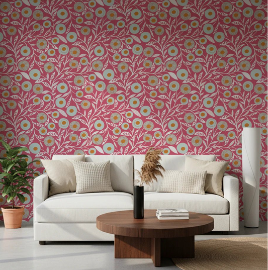 Living room brightened by Cozy Scandi Folk Floral Rose Clay Craft Botanical Wallpaper
