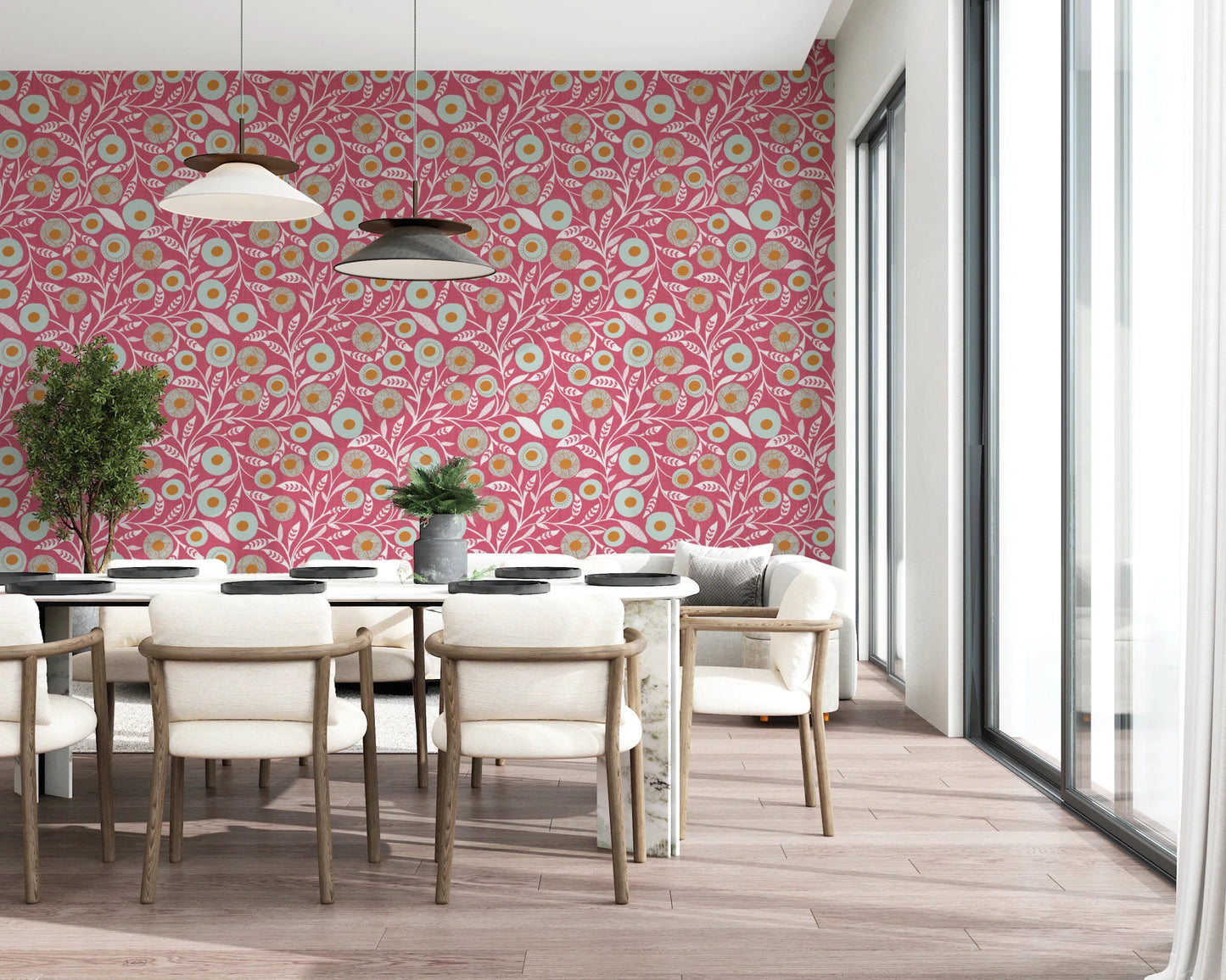 Dining nook framed by Cozy Scandi Folk Floral Rose Clay wallpaper detail, GD8554