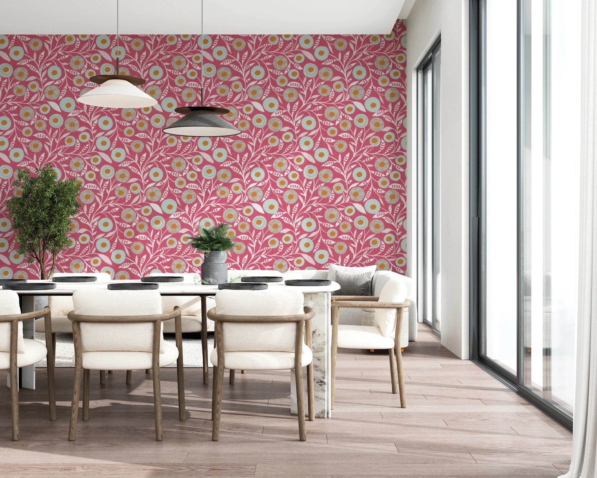 Dining nook framed by Cozy Scandi Folk Floral Rose Clay wallpaper detail, GD8554