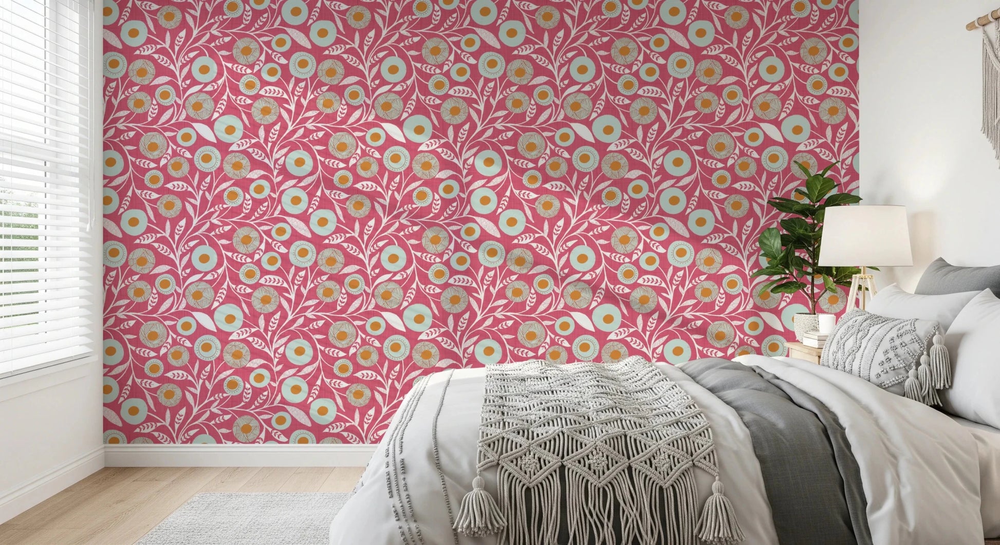 Bedroom space updated with a lively rose clay folk floral botanical wallpaper look, GD8554