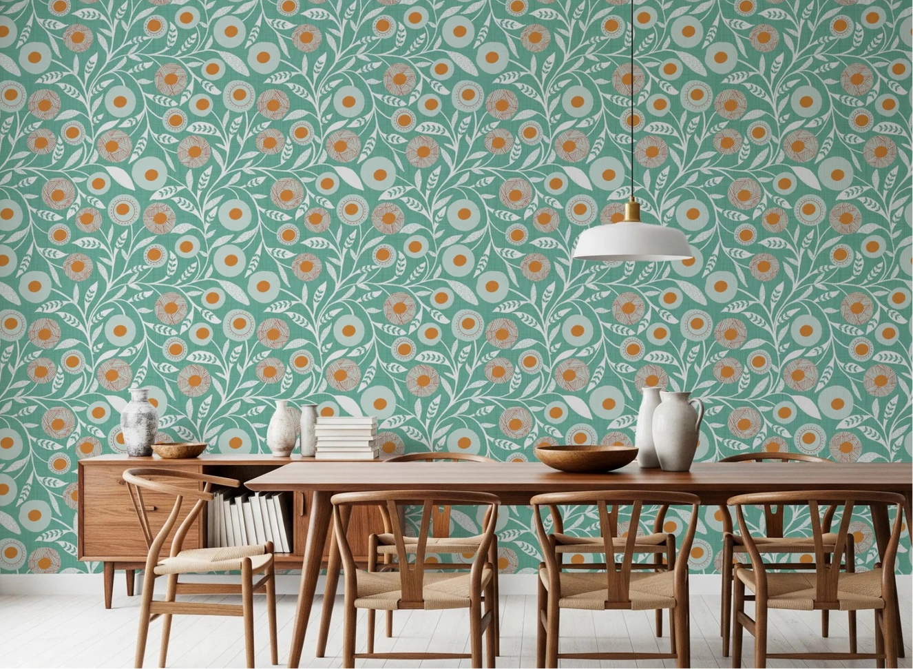Dining room styled with Cozy Scandi Folk Floral Sage Mint Craft Botanical wallpaper backdrop