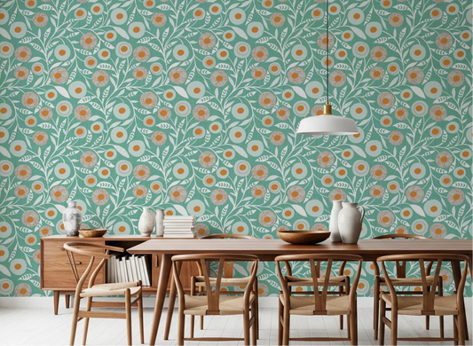 Dining room styled with Cozy Scandi Folk Floral Sage Mint Craft Botanical wallpaper backdrop