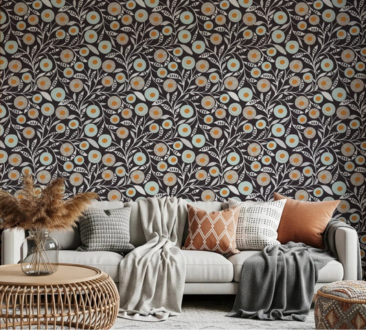 Rustic sitting nook brightened by this warm linen folk floral wallpaper backdrop