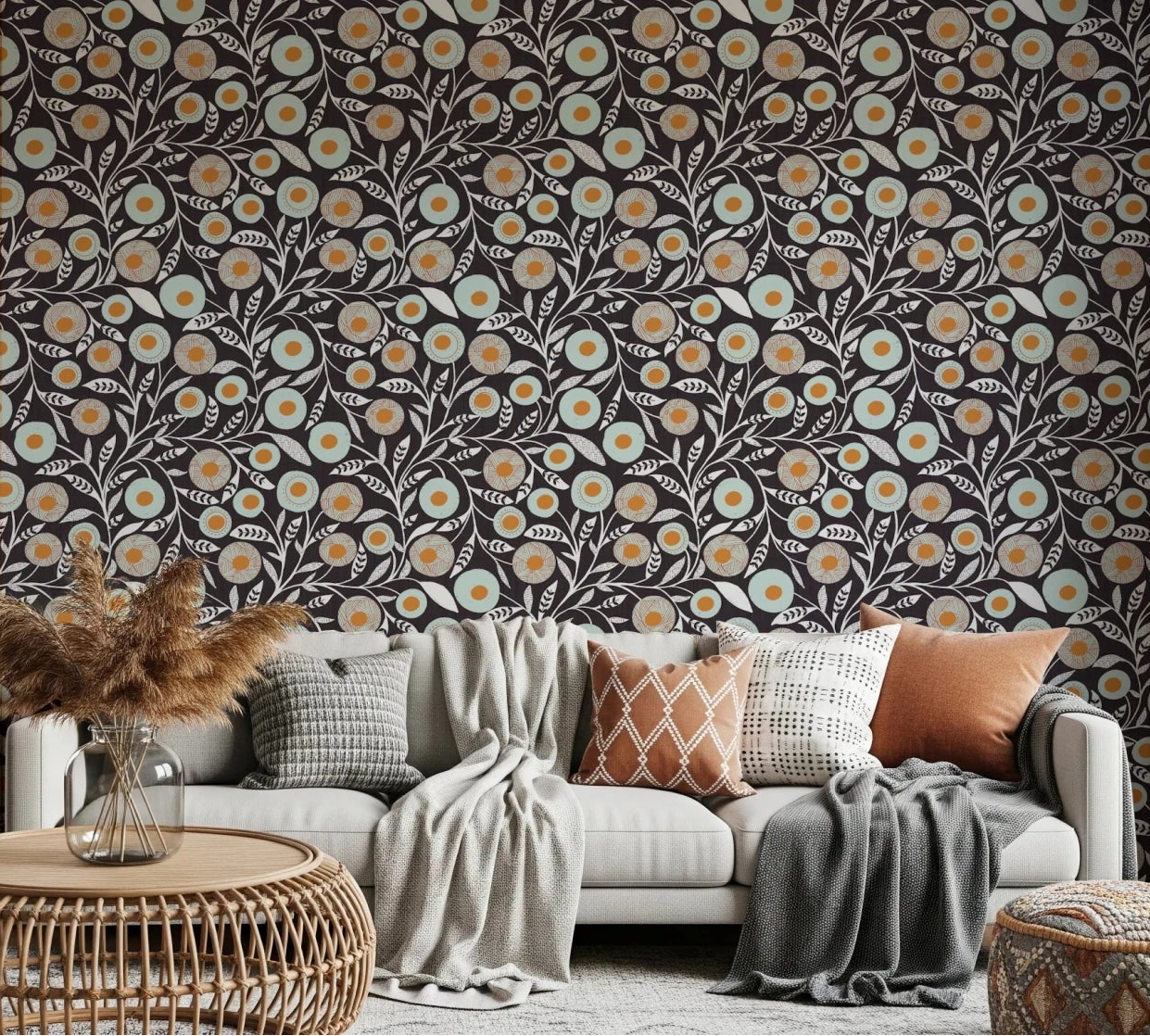 Rustic sitting nook brightened by this warm linen folk floral wallpaper backdrop, GD8547
