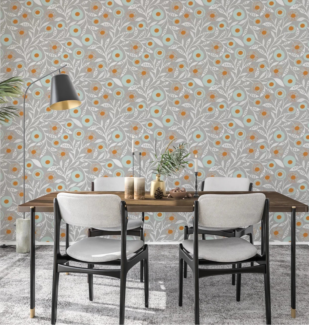 Dining space styled with Cozy Scandi Folk Floral Warm Linen Craft Botanical wallpaper backdrop