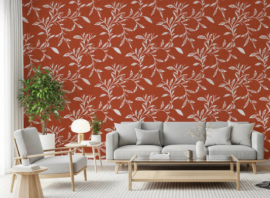 Living room with Scandi Folk Terracotta Wallpaper in soft leaf vine pattern