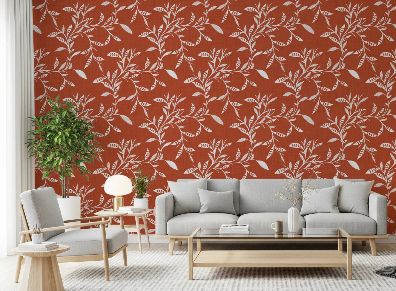 Living room with Scandi Folk Terracotta Wallpaper in soft leaf vine pattern