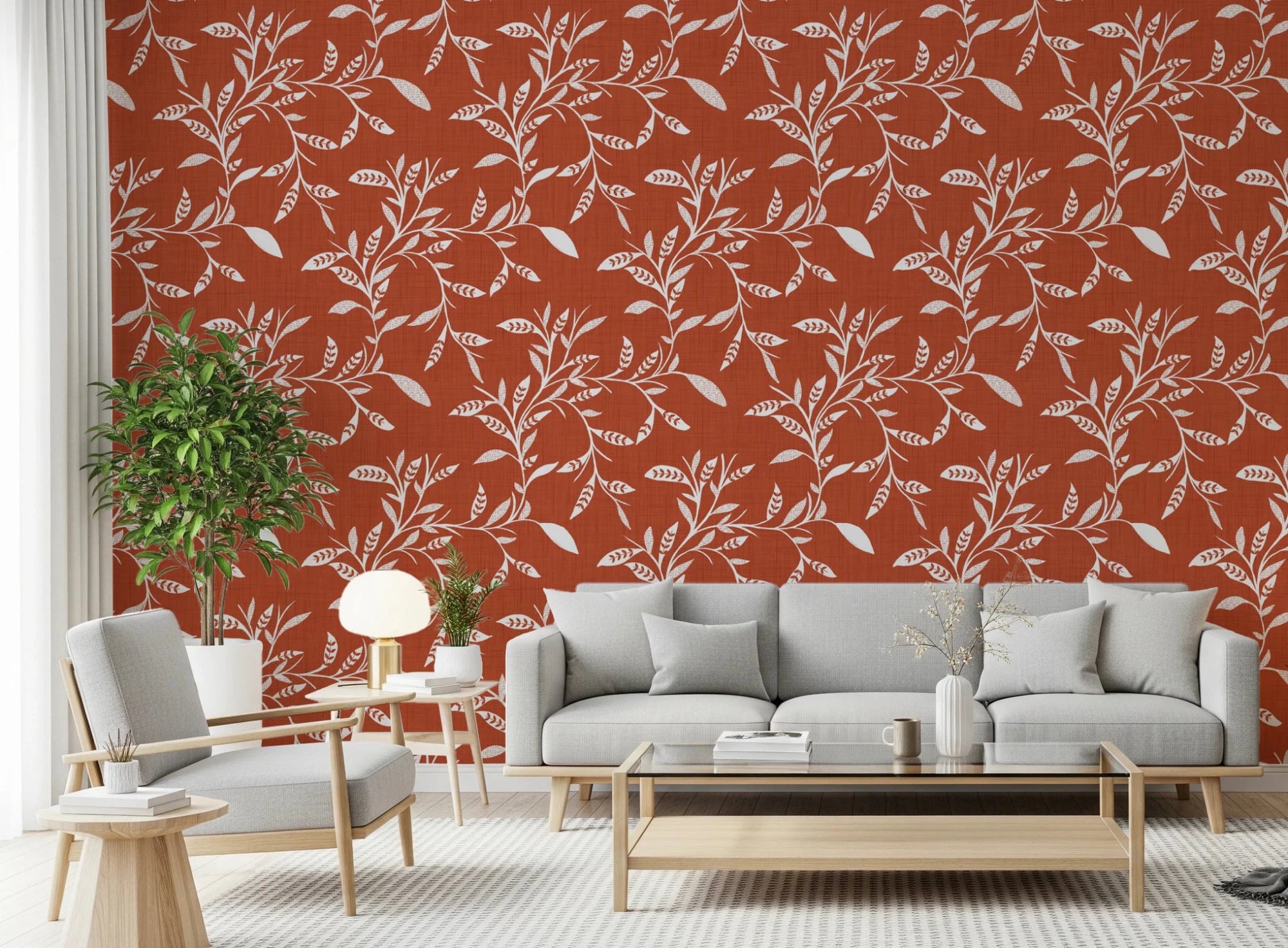 Living room with Scandi Folk Terracotta Wallpaper in soft leaf vine pattern, GD8535
