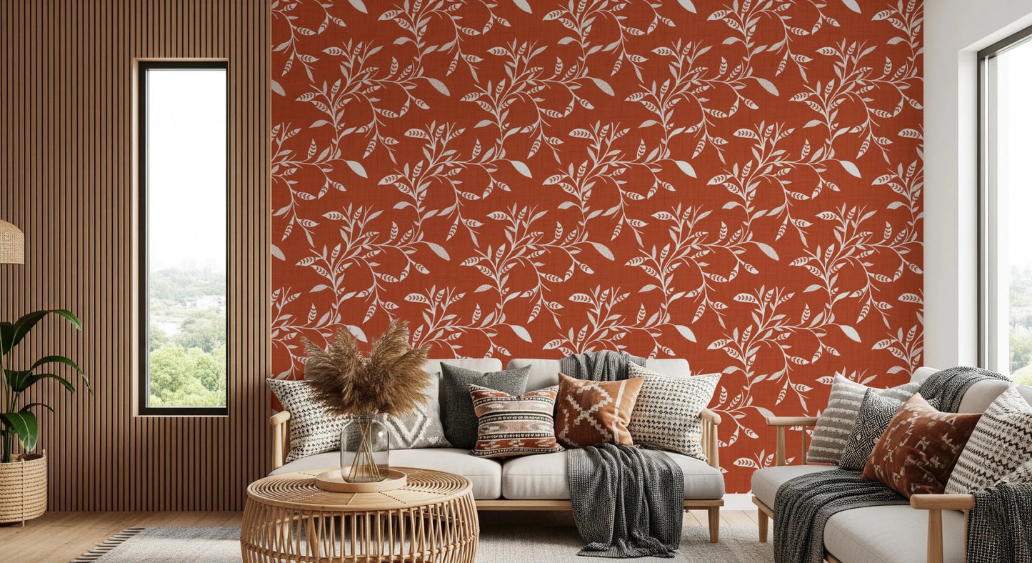 Cozy Scandi Folk Leaf Vine Burnt Terracotta - Craft Blender Wallpaper⁠