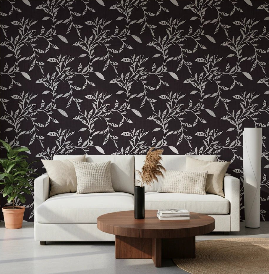 Soft lounge finished in Cozy Scandi Folk Leaf Vine Charcoal wallpaper, GD8538