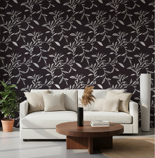 Soft lounge finished in Cozy Scandi Folk Leaf Vine Charcoal wallpaper