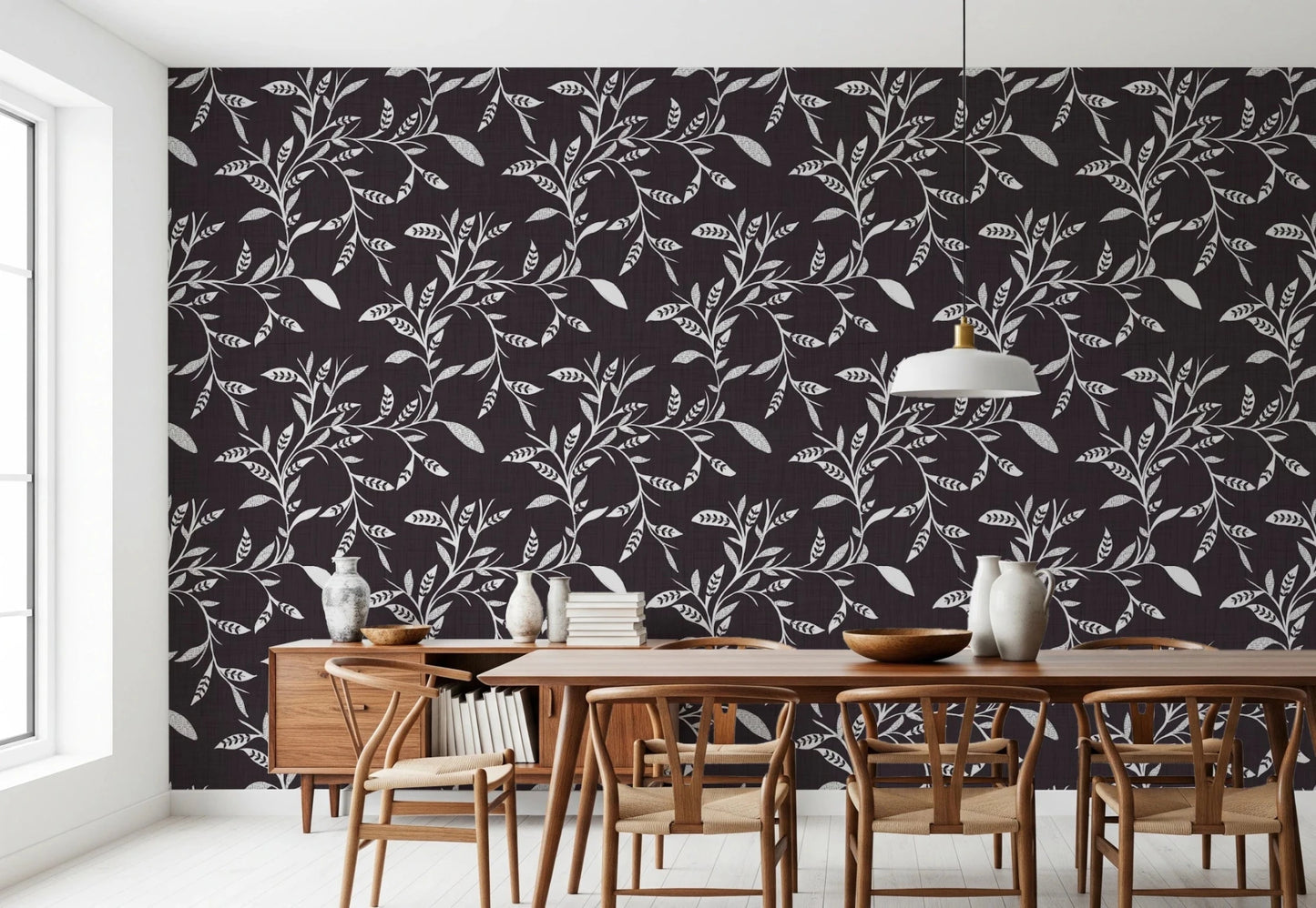 Cozy Scandi Folk Leaf Vine Charcoal - Craft Blender Wallpaper⁠
