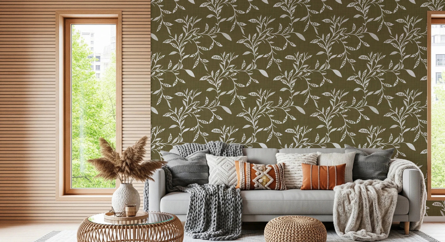 Earthy olive wall with Leaf Vine Wallpaper and soft foliage layout, GD8536