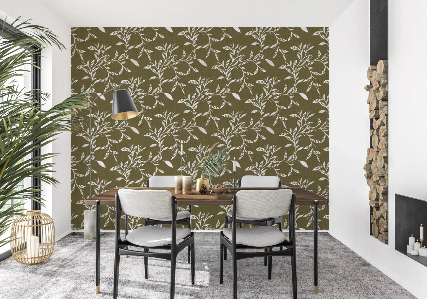 Dining room with Folk Vine Wallpaper in textured earthy green tone, GD8536