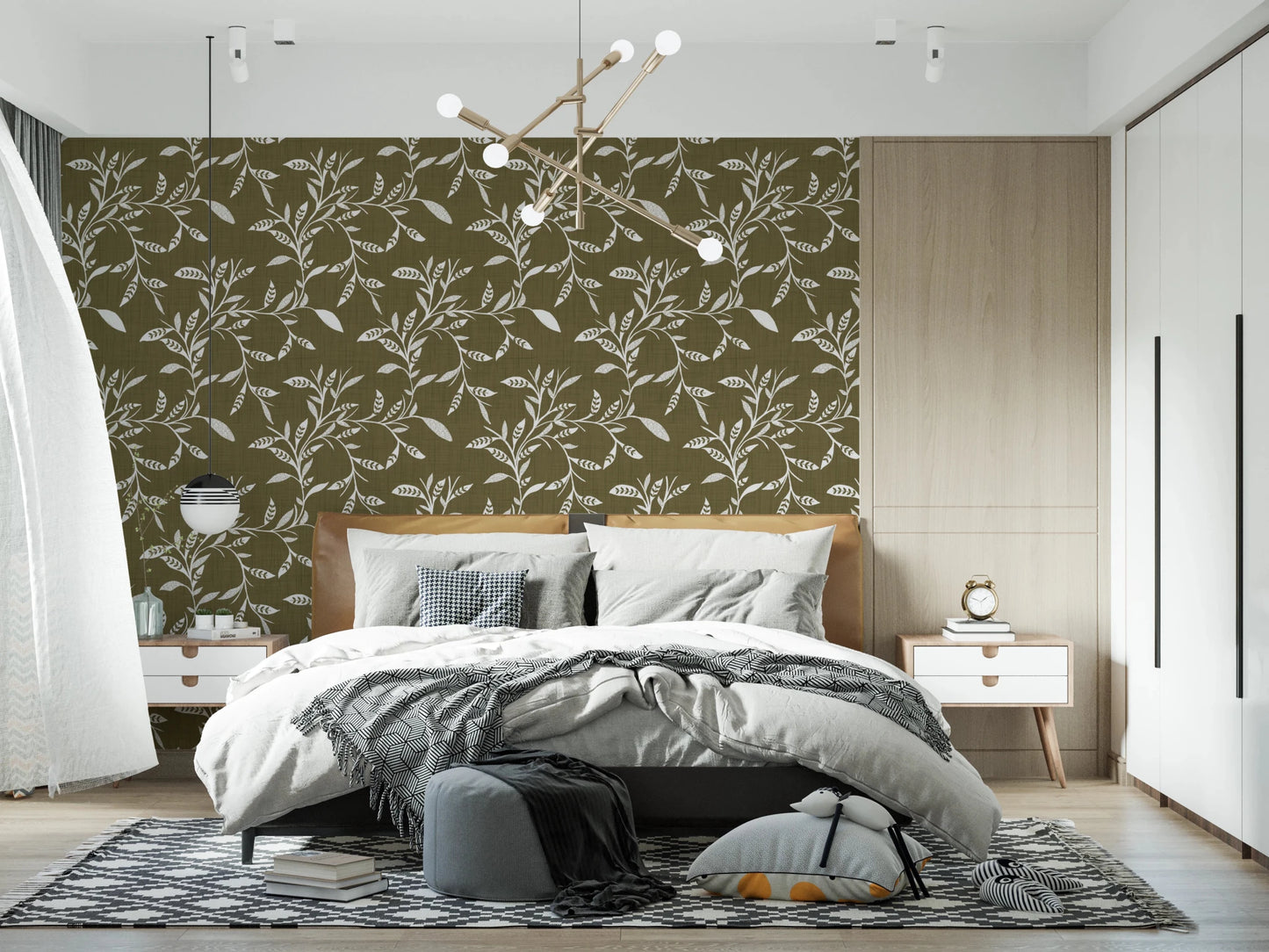 Minimal vine pattern on Scandi Leaf Wallpaper with textured finish, GD8536
