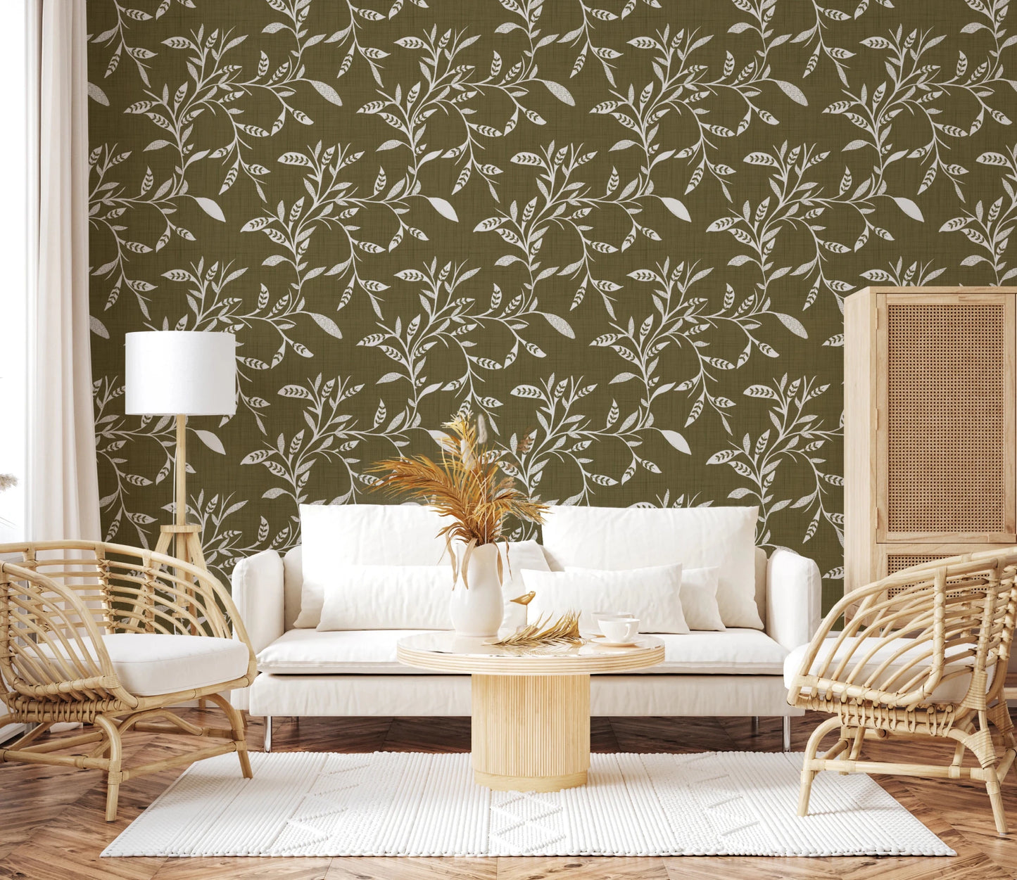 Hallway styled using Leaf Vine Olive Wallpaper with soft botanical design, GD8536