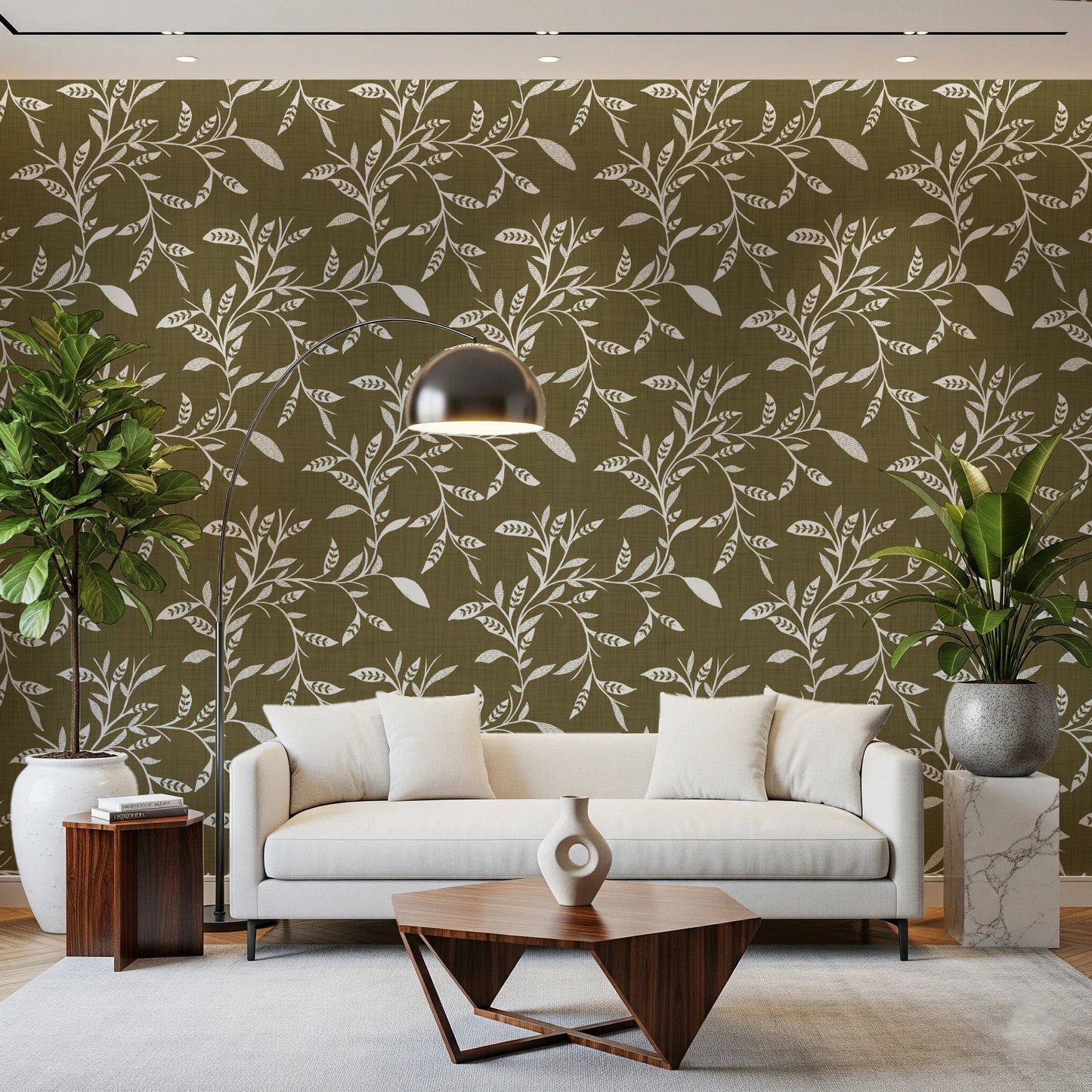 Repeating leaf motif in Leaf Vine Wallpaper on earthy olive tone, GD8536