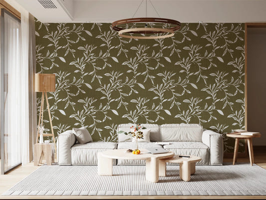 Living room with Scandi Folk Leaf Vine Wallpaper in earthy olive tone