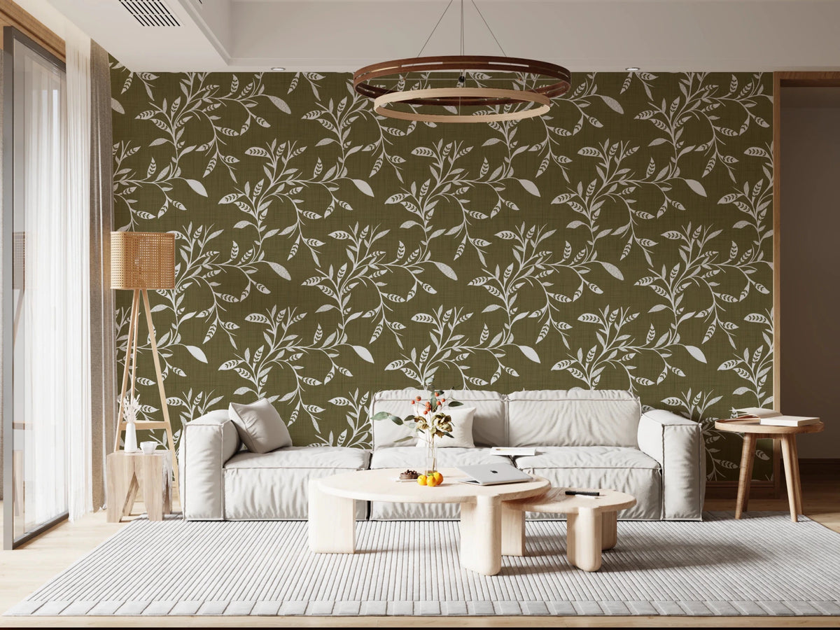 Living room with Scandi Folk Leaf Vine Wallpaper in earthy olive tone, GD8536
