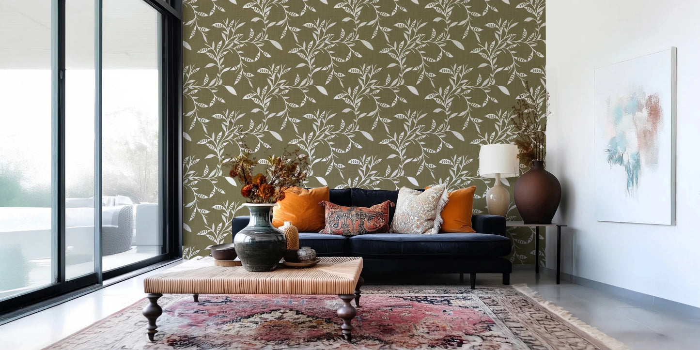 White leaf pattern on Leaf Vine Wallpaper with olive textured background, GD8536