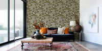 White leaf pattern on Leaf Vine Wallpaper with olive textured background, GD8536