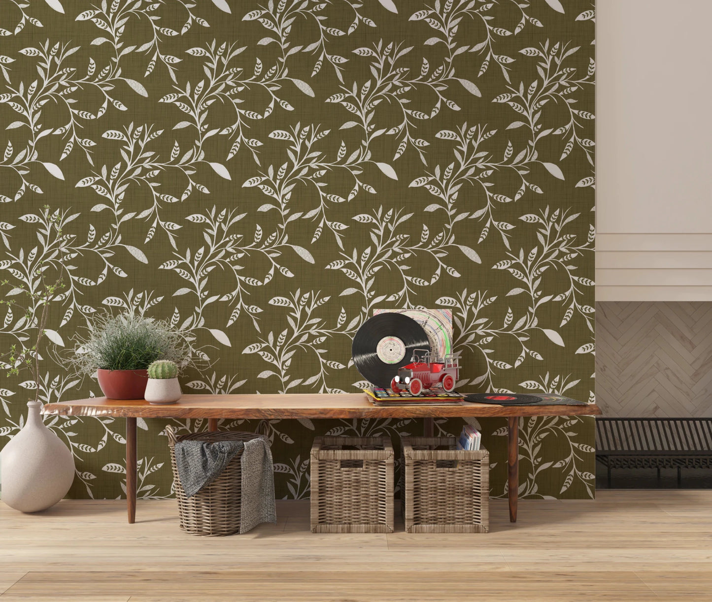 Hallway featuring Scandi Leaf Wallpaper with vine pattern on olive base, GD8536