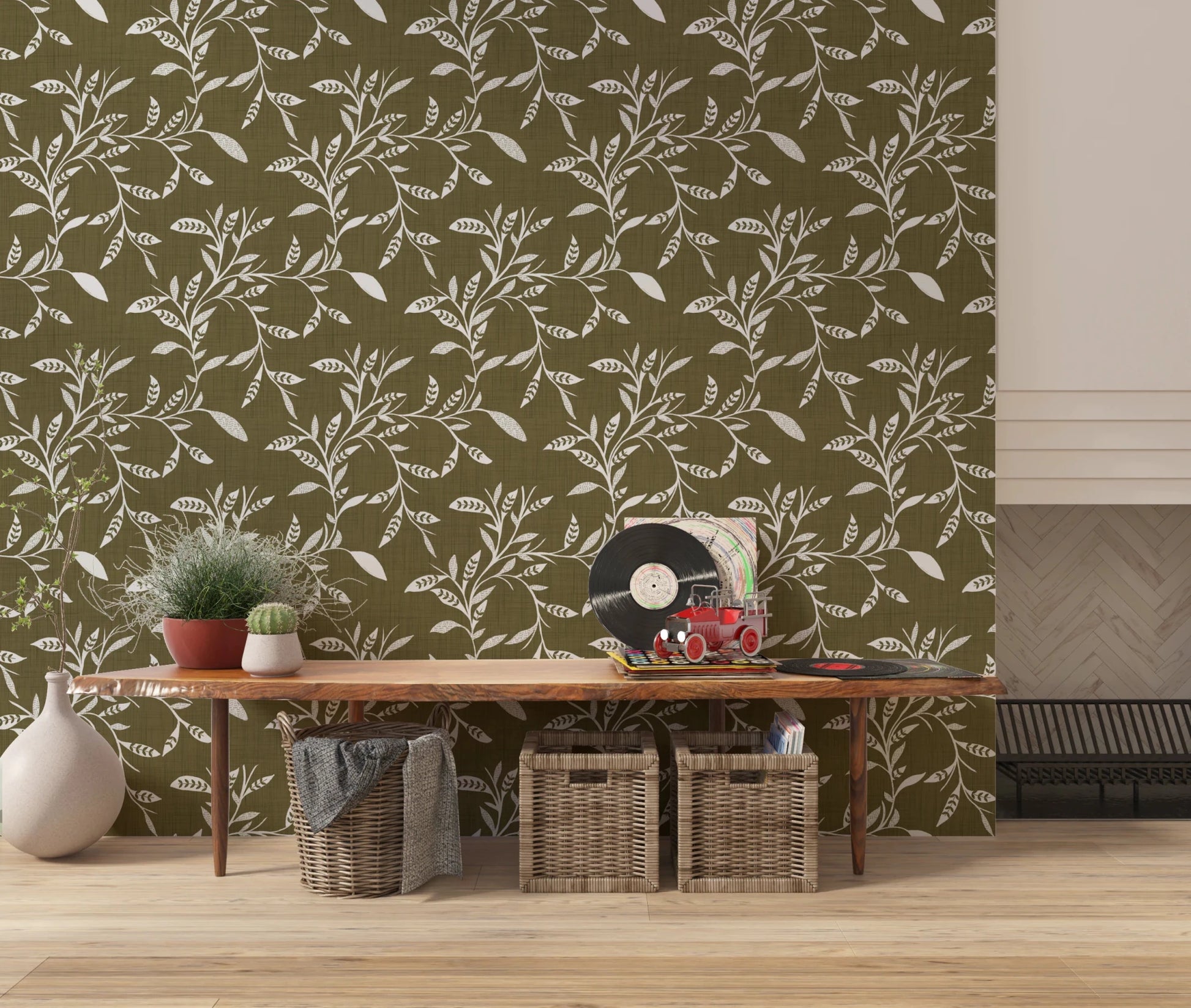 Hallway featuring Scandi Leaf Wallpaper with vine pattern on olive base, GD8536