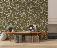 Hallway featuring Scandi Leaf Wallpaper with vine pattern on olive base, GD8536