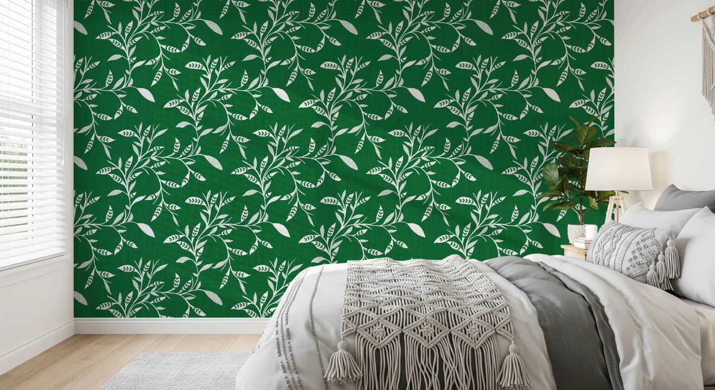 Cozy Scandi Folk Leaf Vine Forest Green - Craft Blender Wallpaper⁠