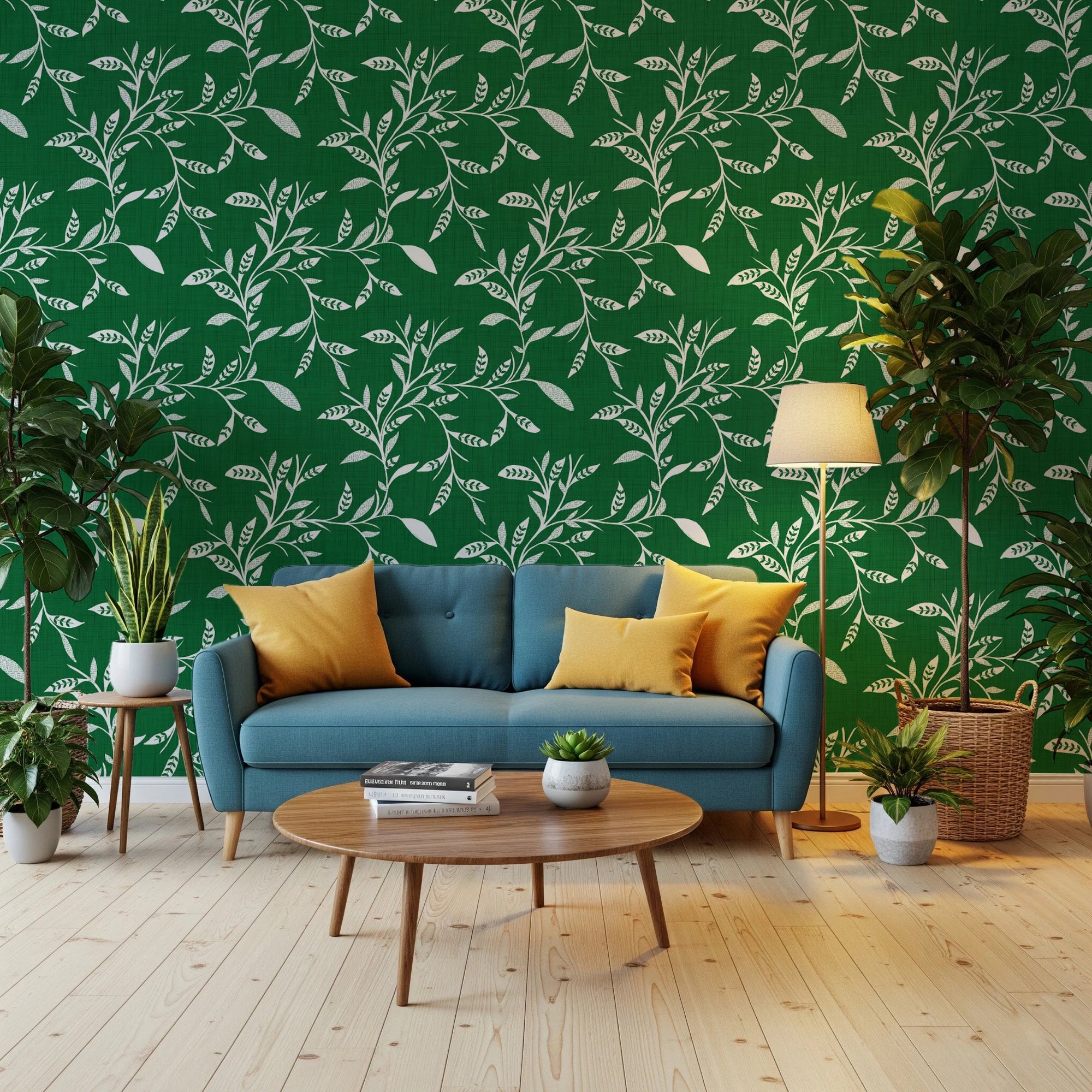 Living sitting area paired with Cozy Scandi Folk Leaf Vine Forest Green wallpaper, GD8537