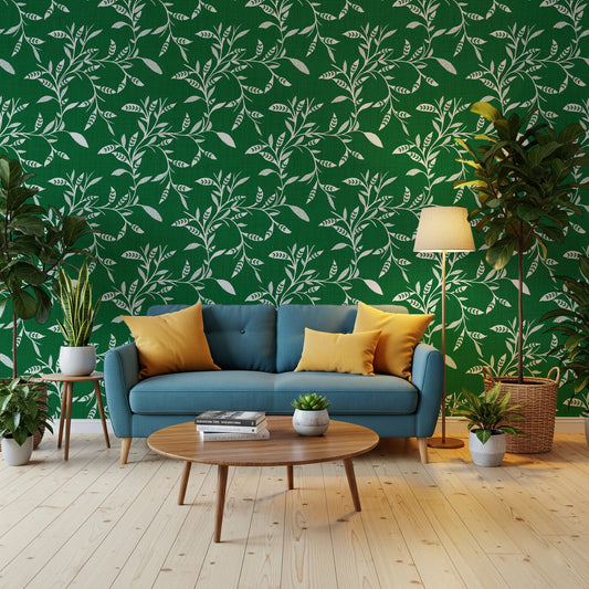 Living sitting area paired with Cozy Scandi Folk Leaf Vine Forest Green wallpaper