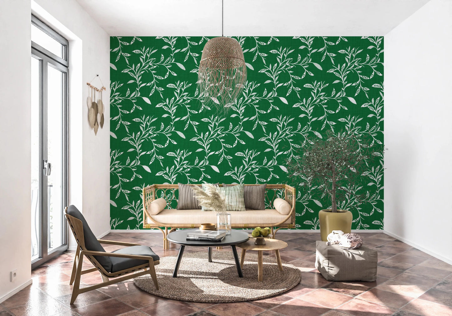 Cozy Scandi Folk Leaf Vine Forest Green - Craft Blender Wallpaper⁠