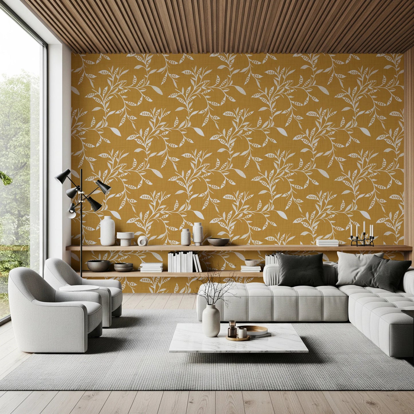Timber ceiling lounge framed by Cozy Scandi Folk Leaf Vine Honey Mustard wallpaper, GD8542
