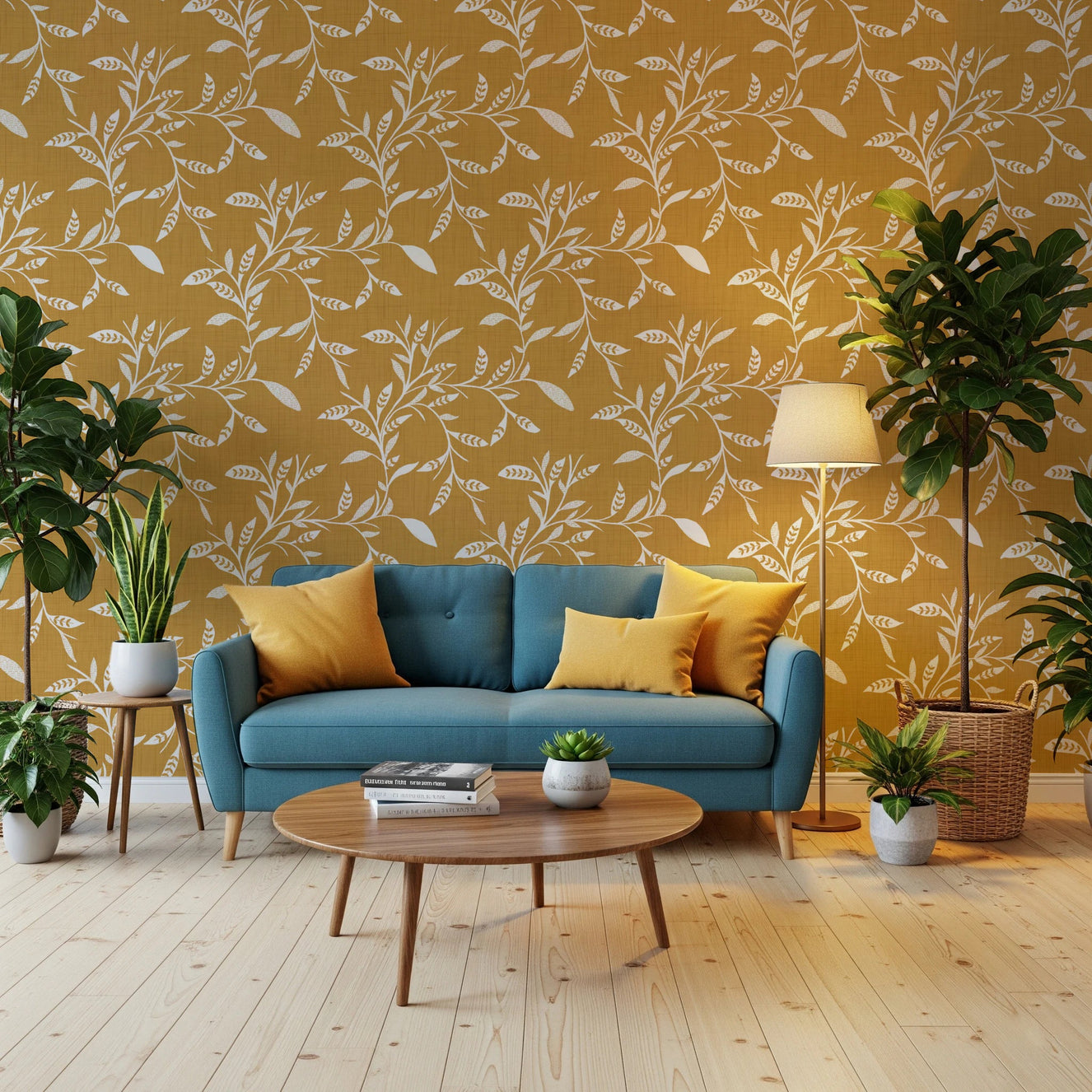 Living room styled with Cozy Scandi Folk Leaf Vine Honey Mustard wallpaper and blue sofa