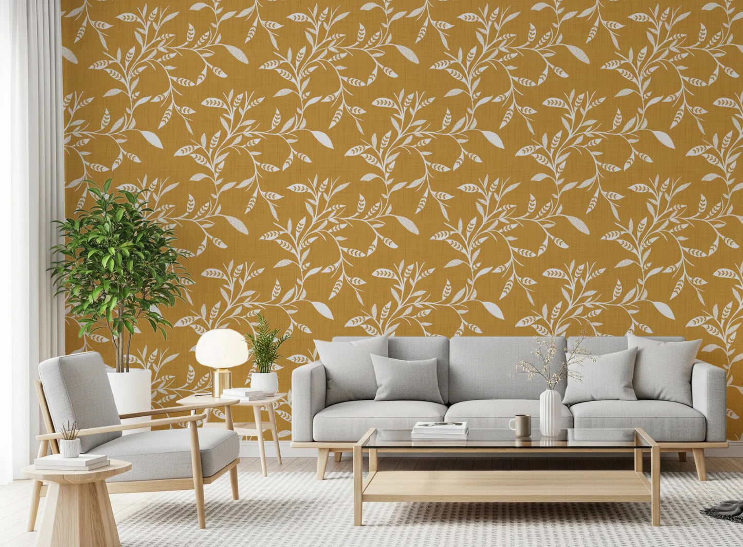 Living corner finished in Cozy Scandi Folk Leaf Vine Honey Mustard wallpaper detail, GD8542