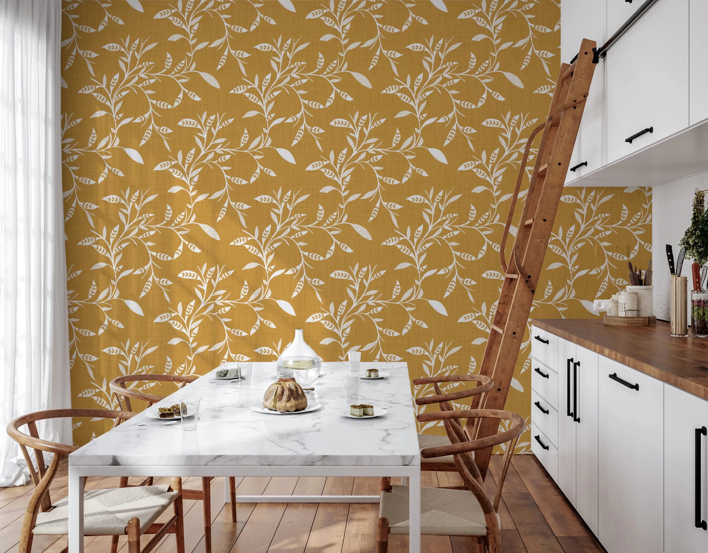 Kitchen styled in Honey Mustard craft blender wallpaper with botanical flow, GD8542