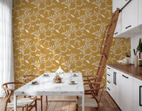 Kitchen styled in Honey Mustard craft blender wallpaper with botanical flow, GD8542