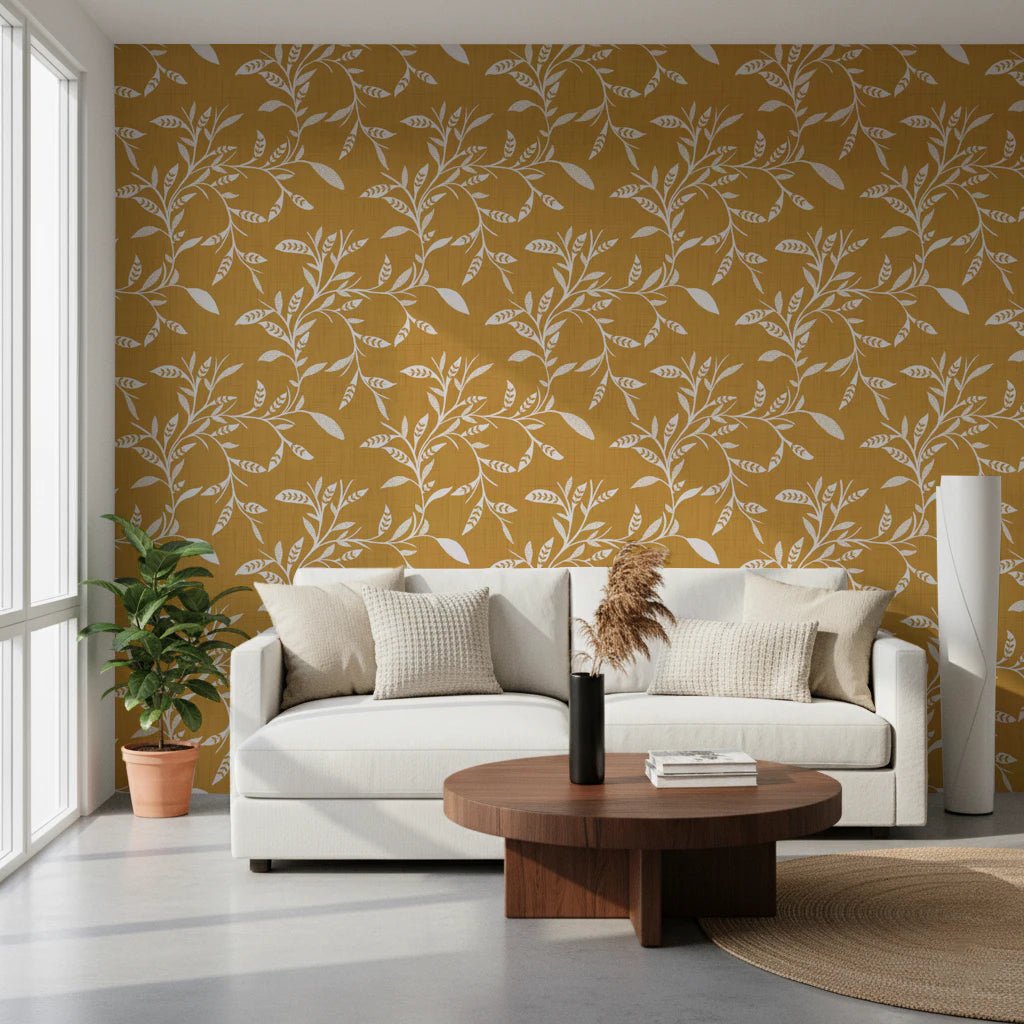 Cozy sitting area brightened by Cozy Scandi Folk Leaf Vine Honey Mustard wallpaper, GD8542