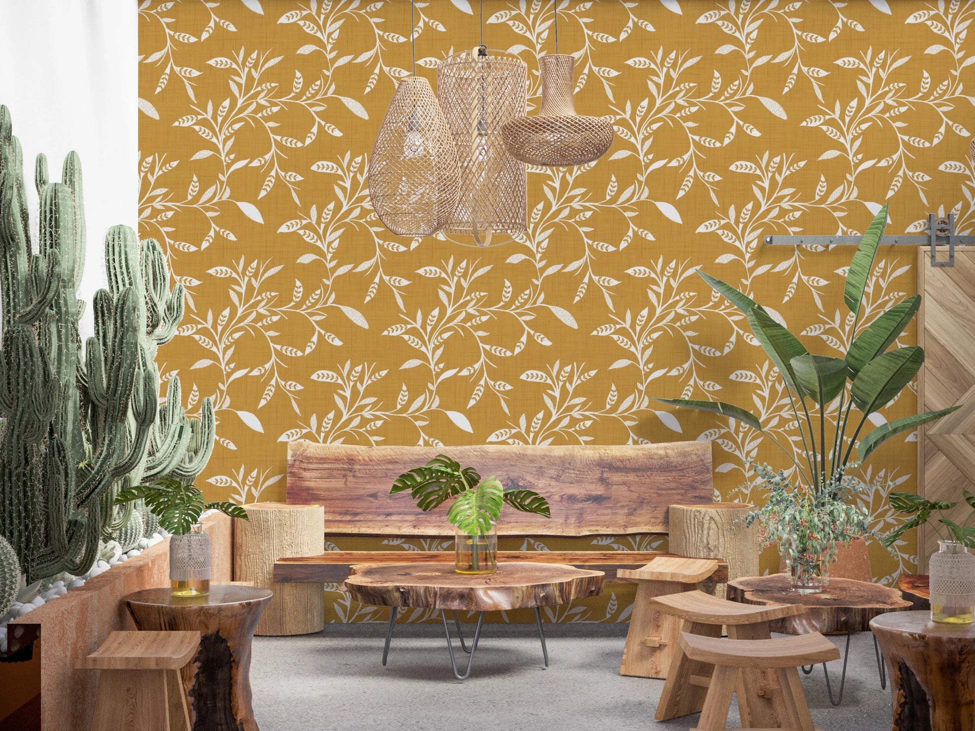 Café-style nook lifted by Cozy Scandi Folk Leaf Vine Honey Mustard wallpaper, GD8542