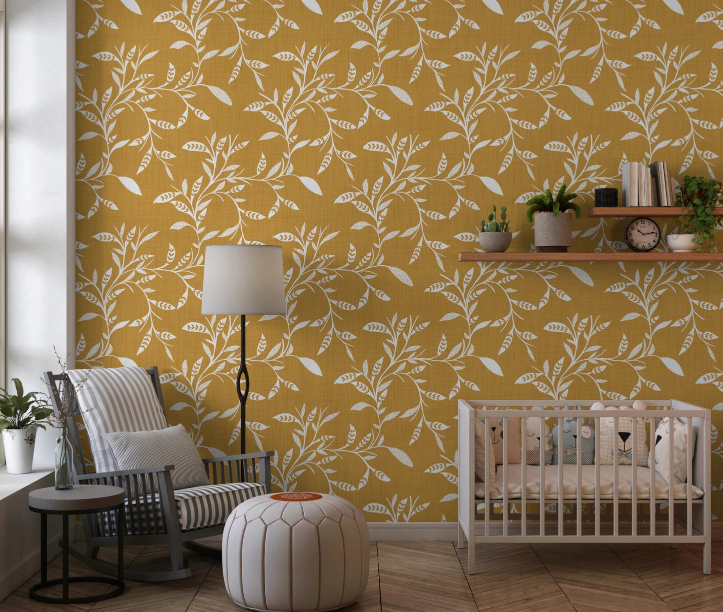 Nursery corner softened by Honey Mustard craft blender wallpaper and warm shelf styling, GD8542