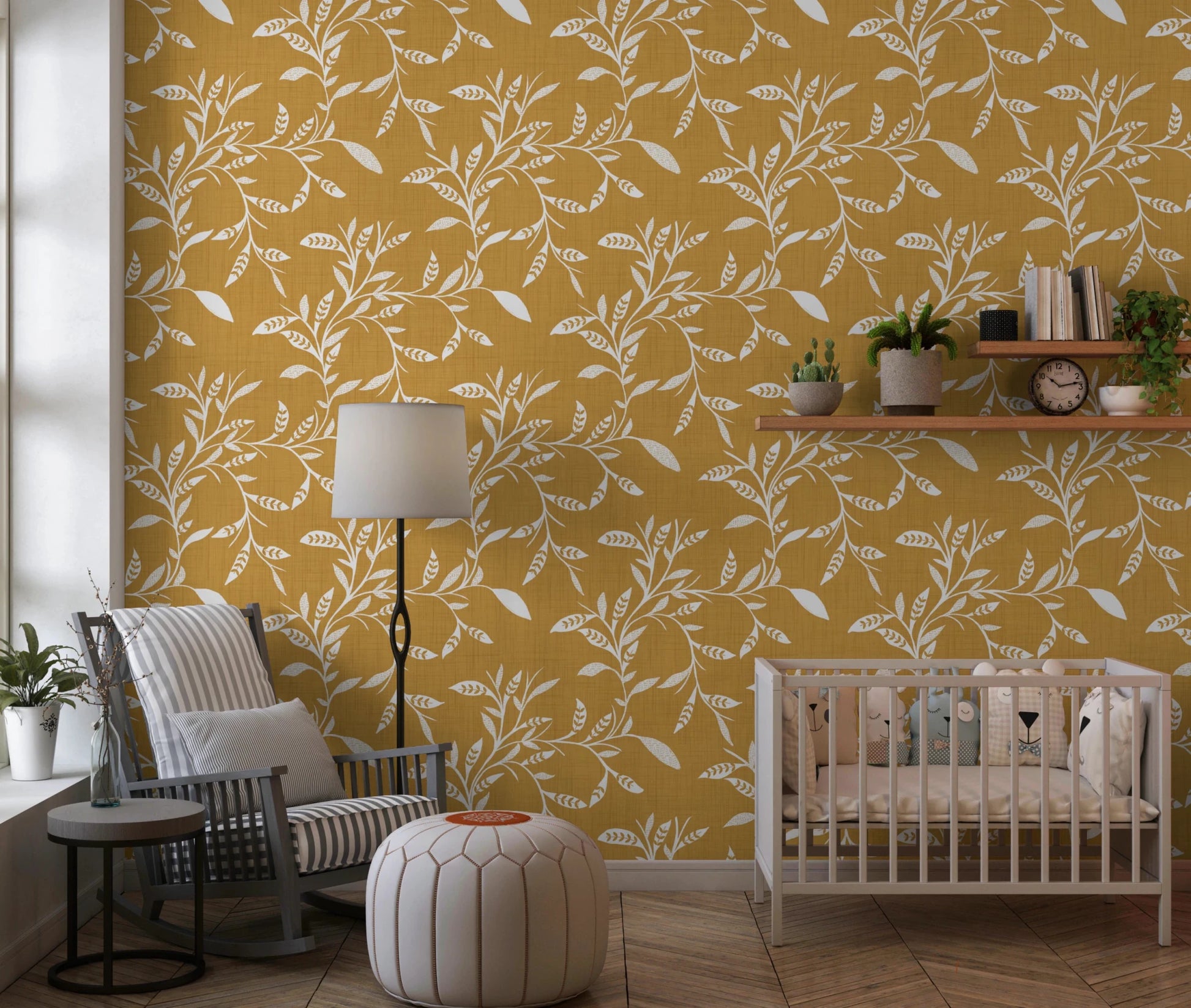 Nursery corner softened by Honey Mustard craft blender wallpaper and warm shelf styling, GD8542