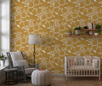 Nursery corner softened by Honey Mustard craft blender wallpaper and warm shelf styling, GD8542