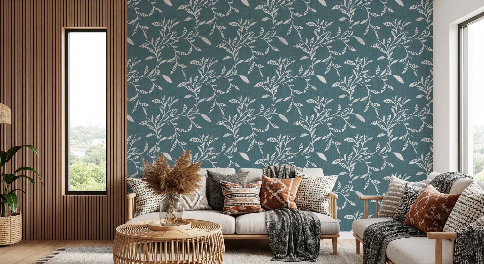 Rustic sitting nook framed by Cozy Scandi Folk Leaf Vine Nordic Blue Grey wallpaper, GD8539