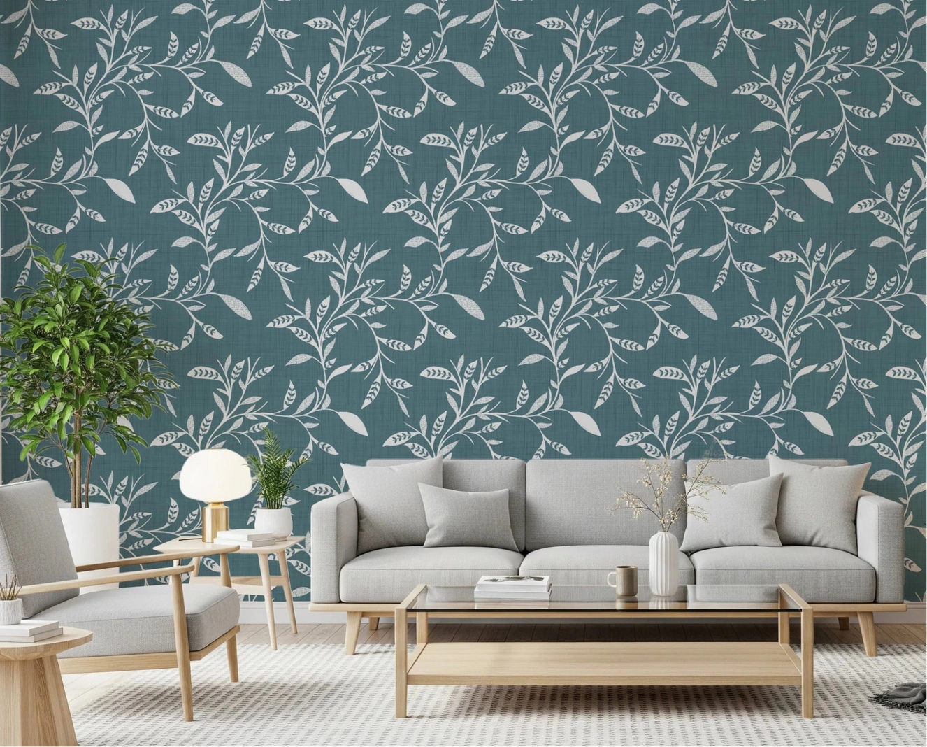 Soft living room lifted by Cozy Scandi Folk Leaf Vine Nordic Blue Grey wallpaper