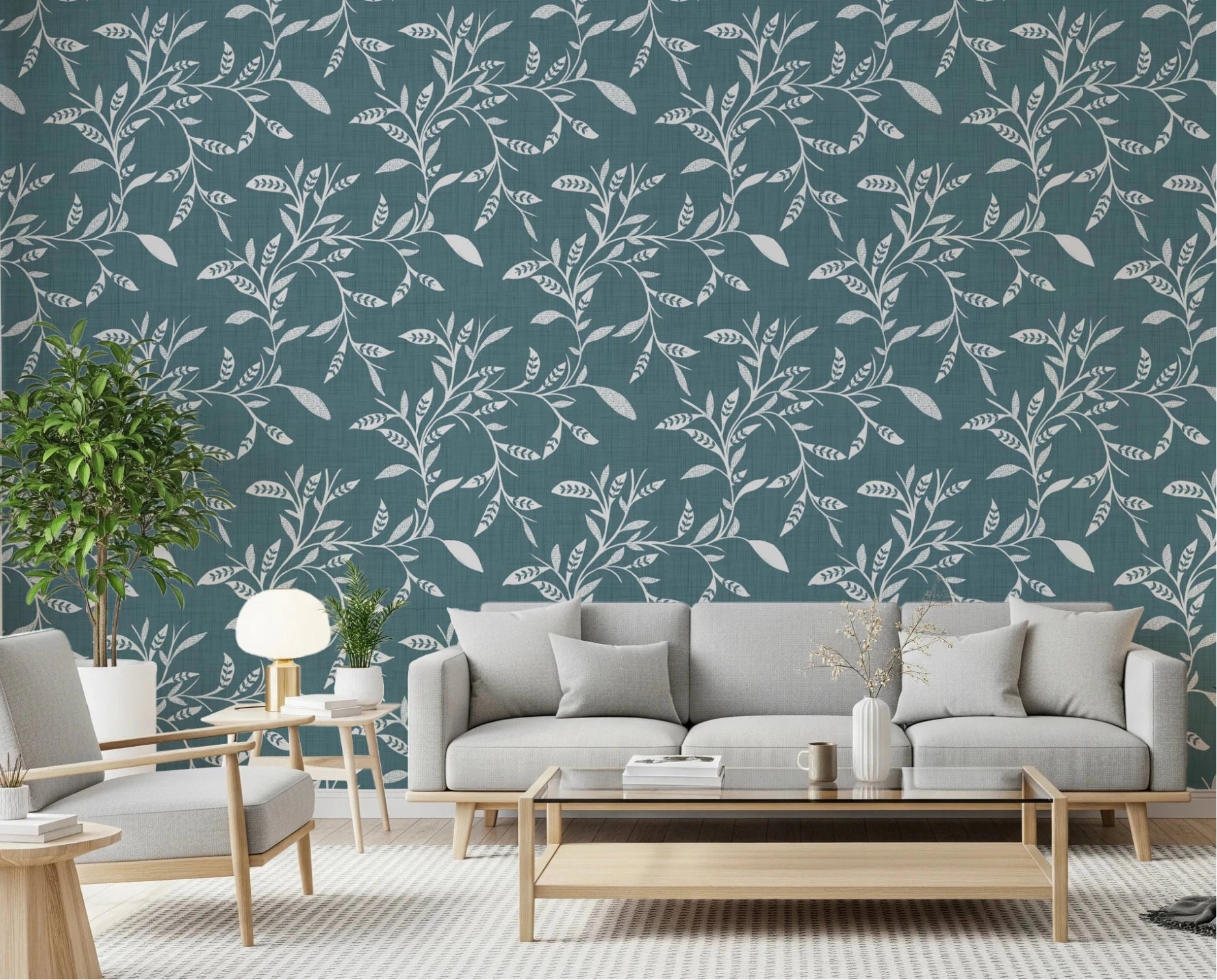 Soft living room lifted by Cozy Scandi Folk Leaf Vine Nordic Blue Grey wallpaper, GD8539