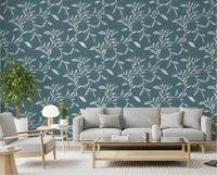 Soft living room lifted by Cozy Scandi Folk Leaf Vine Nordic Blue Grey wallpaper, GD8539